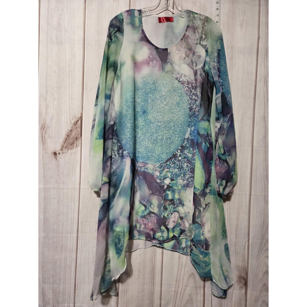 B & B FairyTunic Dress Womens Large Blue Green Sheer Chiffon Asymmetrical‎ Hem